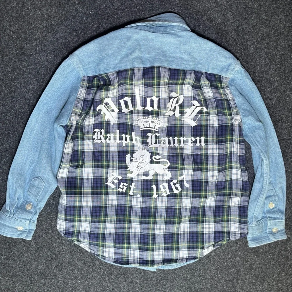 Ralph Lauren Button Down Shirt Kids 3T Blue Excellent Tiger Plaid Denim Flannel